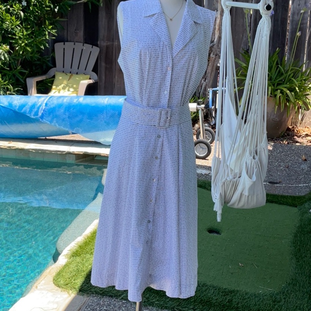 Sleeveless Button-Front Belted White & Light Blue Midi Dress